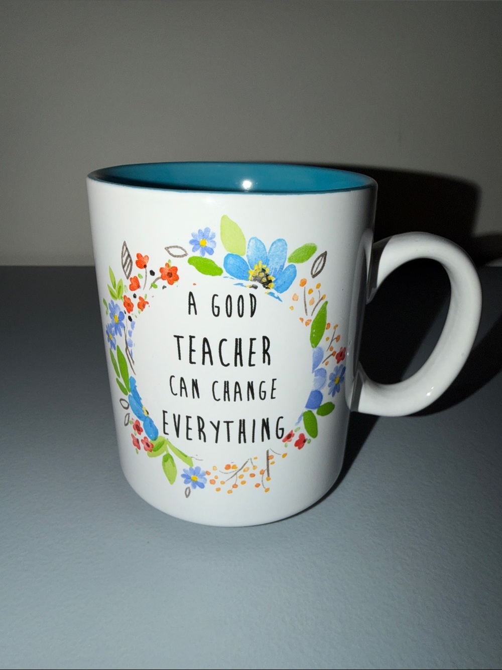 Floral Teacher Appreciation Coffee Mug - Blue Interior
